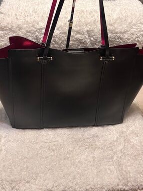 Kate Spade Black Leather Tote Shoulder Bag With Pink Interior